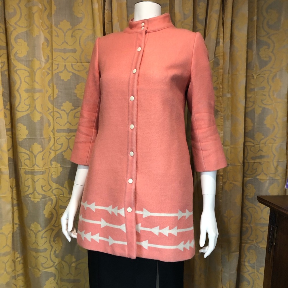 Vintage Lauren Moffat Pink Salmon Snap up Wool Pea Coat with White Details